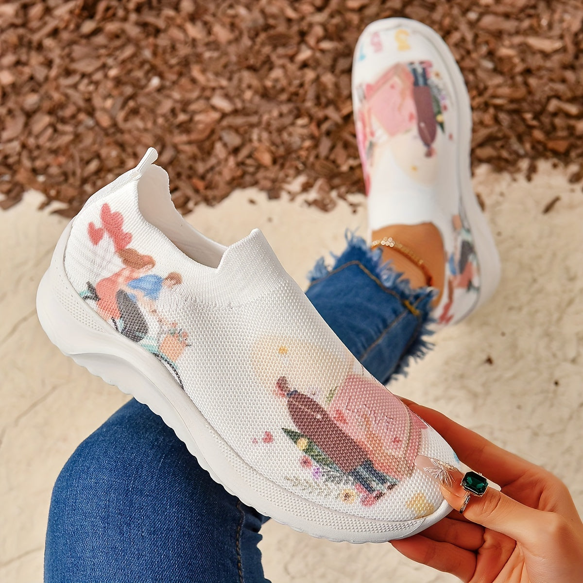 Cartoon Couple Graphic Sneakers Breathable Outdoor Walking Shoes Women