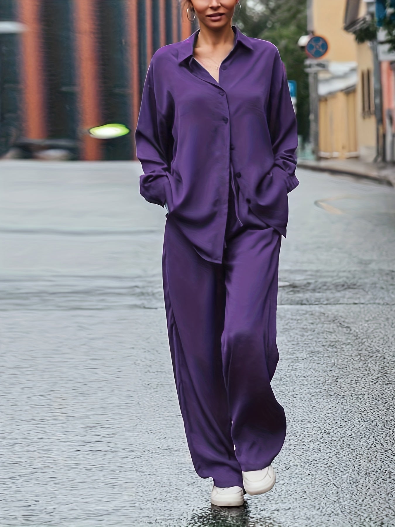 2 Piece Set: Button Up Blouse & Wide Leg Pants