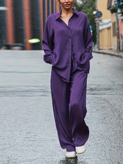 2 Piece Set: Button Up Blouse & Wide Leg Pants