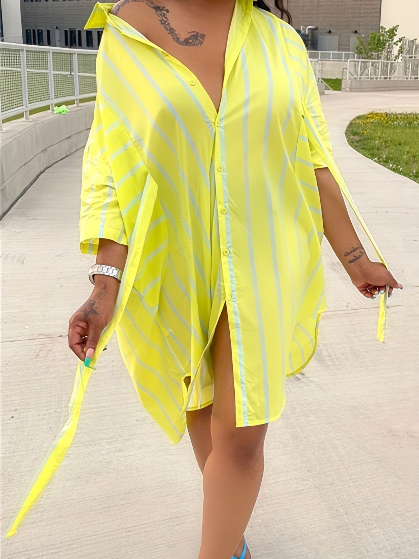 Women's Plus Striped Short Sleeve Button Up Shirt Dress
