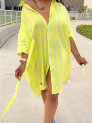 Women's Plus Striped Short Sleeve Button Up Shirt Dress