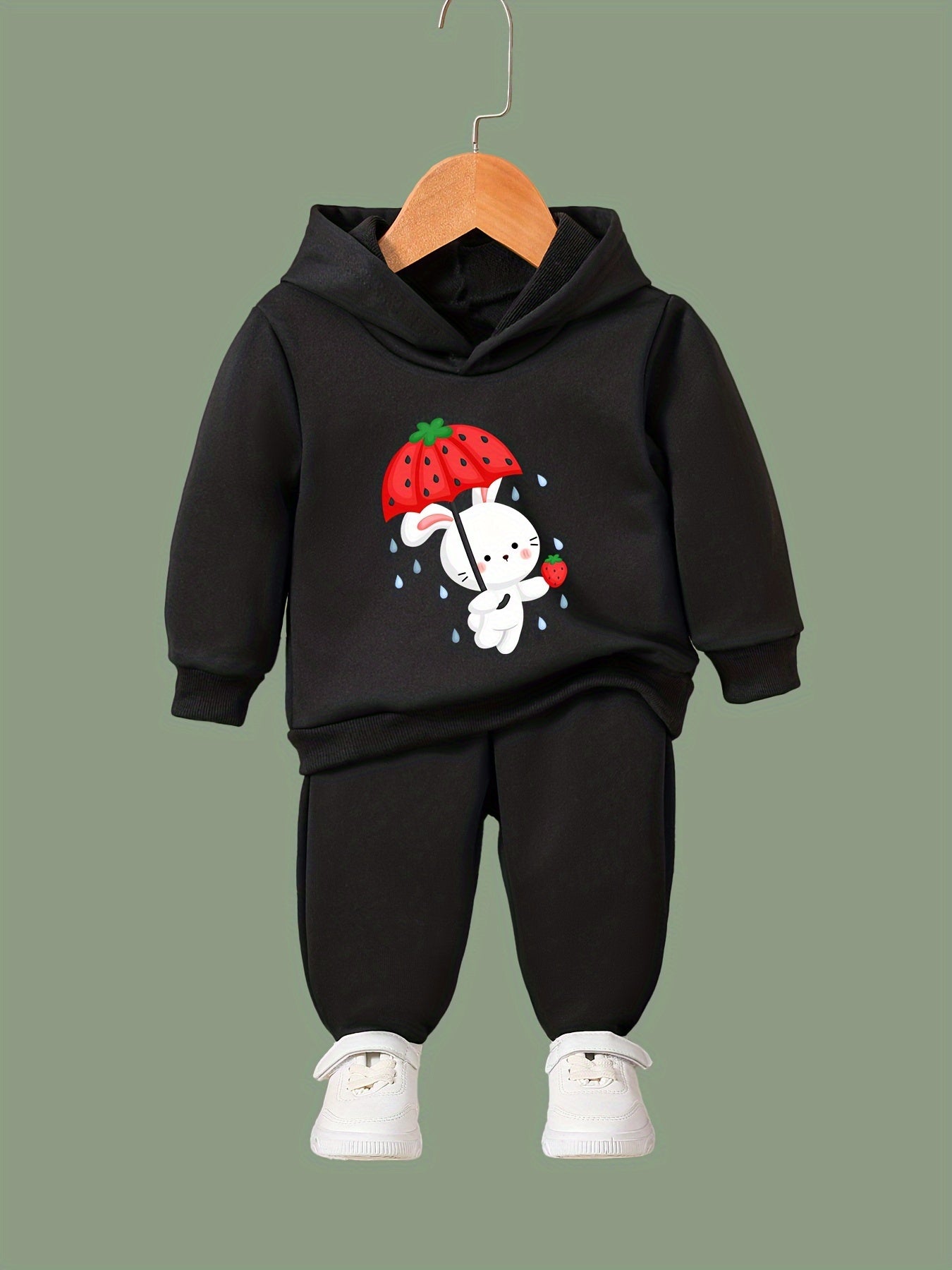 Girls Rabbit Pattern Hooded Sweatshirt and Sweatpants Set