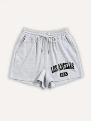 Los Angeles Letter Print Hotpants Drawstring Waist Casual Shorts