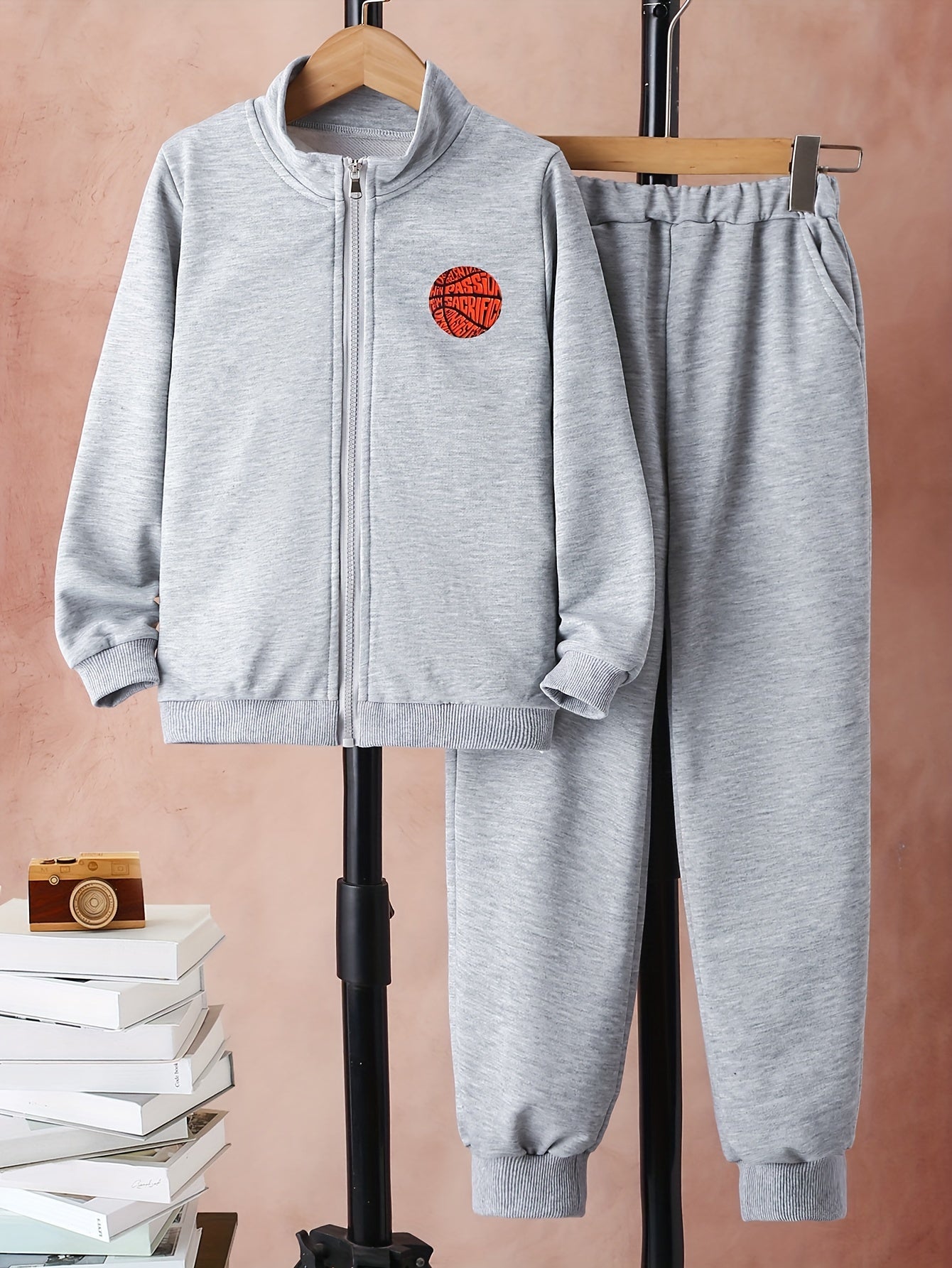 Boy's 2pcs Sporty Outfit Zipper Jacket & Sweatpants Set Basketball Print