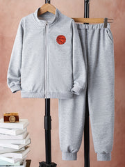 Boy's 2pcs Sporty Outfit Zipper Jacket & Sweatpants Set Basketball Print
