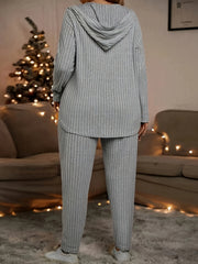 Solid Ribbed Long Sleeve Hooded Cardigan & Pants 2 Piece Set