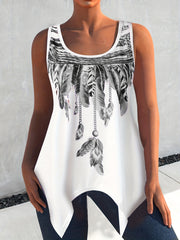 Feather Print Tank Top Round Neck Medium Stretch