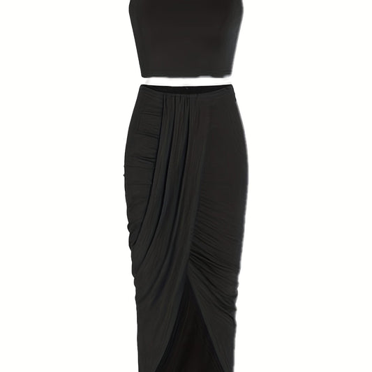 Solid Crop Tank Top & Wrap Skirt Set
