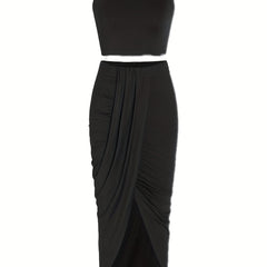 Solid Crop Tank Top & Wrap Skirt Set