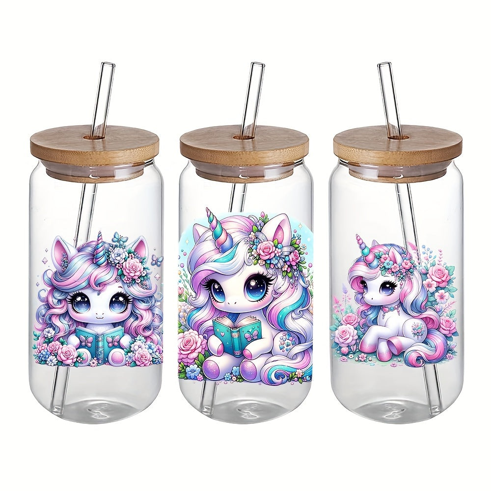 4 Watercolor Unicorn UV DTF Stickers 16oz Glass Cup Decals