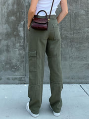 Green Loose Fit Straight Jeans Flap Muti Pockets Wide Legs