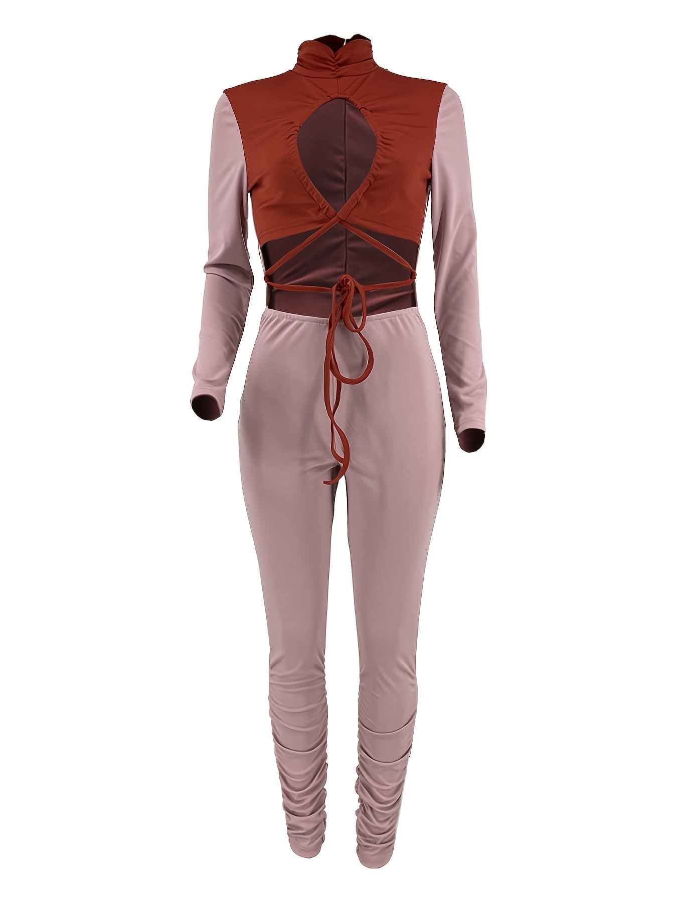 Solid Block Long Sleeve Bodycon Jumpsuit Hollow Jumpsuit