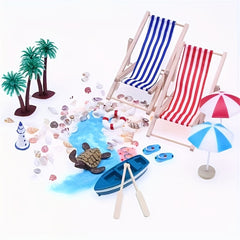 Summer Beach Dollhouse Set with Wooden Chairs, Plastic Seashells, and Umbrellas