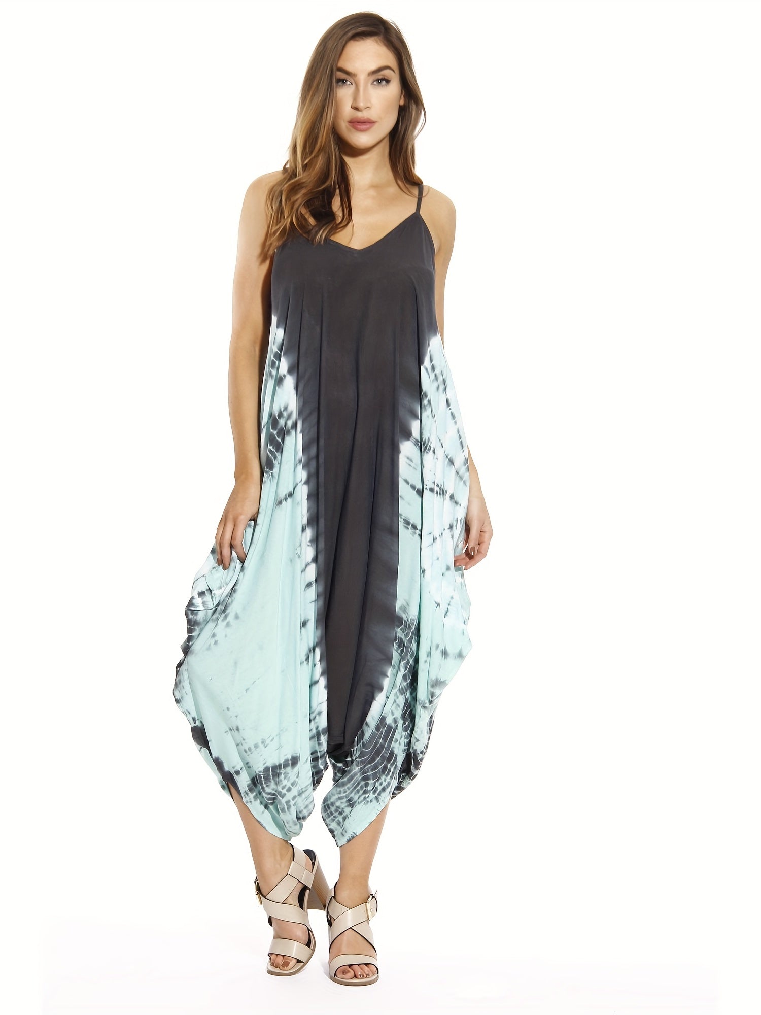 Boho Jumpsuit Women's Plus Tie Dye V Neck Cami Jumpsuit