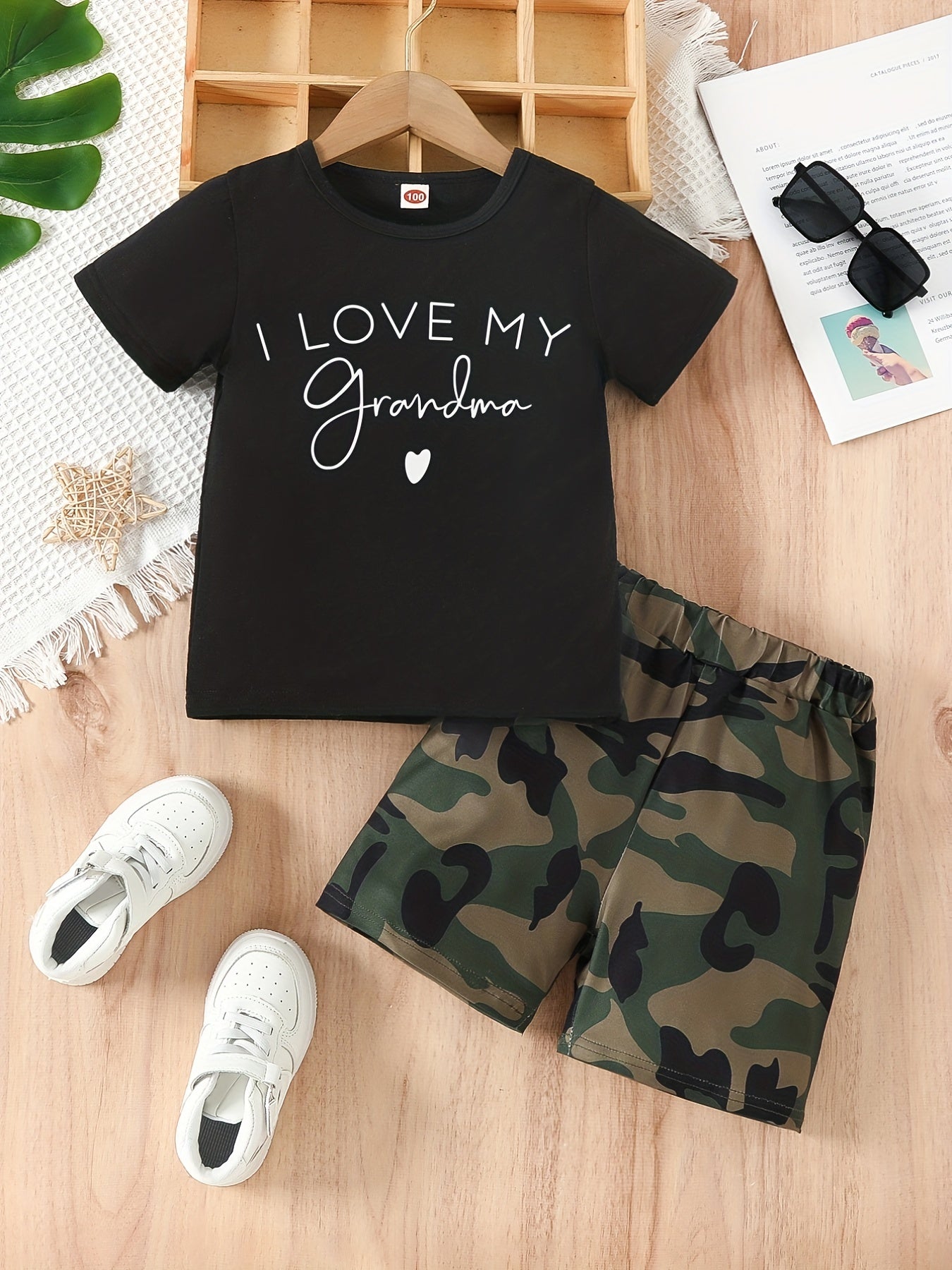 Boys I LOVE MY GRANDMA Print T-shirt & Shorts Set, Summer Kids Clothing