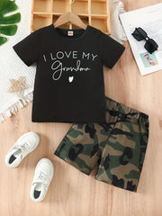 Boys I LOVE MY GRANDMA Print T-shirt & Shorts Set, Summer Kids Clothing
