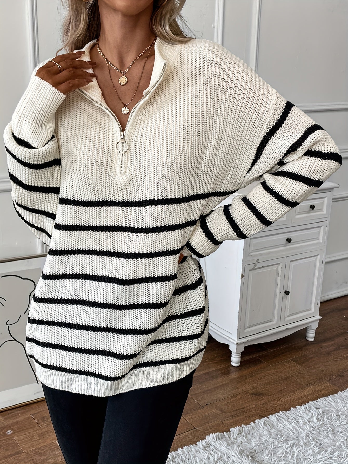 Striped Print Knit Sweater Long Sleeve Women's Clothing