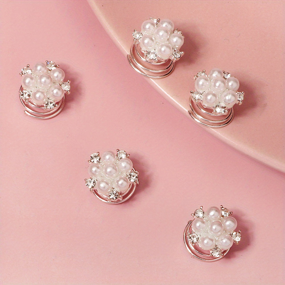 5pcs Bridal Faux Pearl Spiral Hair Ring Rhinestone Head Jewelry