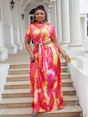 Tie Dye Print Short Sleeve Crop Top & Maxi Skirt Set Plus Size