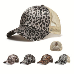 Leopard Tiger Ponytail Baseball Cap Vintage Print Mesh Trucker Hat