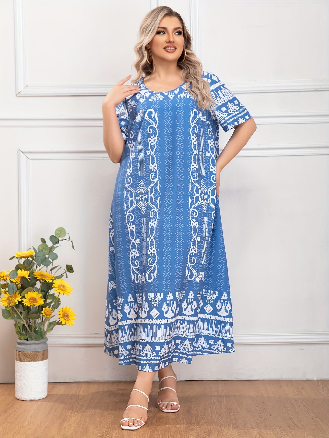 Boho Abaya Dress Women's Plus Geo Print Maxi Jalabiya Dress