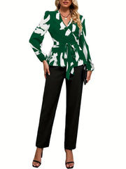 Surplice Neck Long Sleeve Blouse & Slim Pants Set