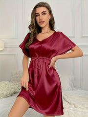Short Sleeve V Neck Satin NightDress Women's Sleepwear