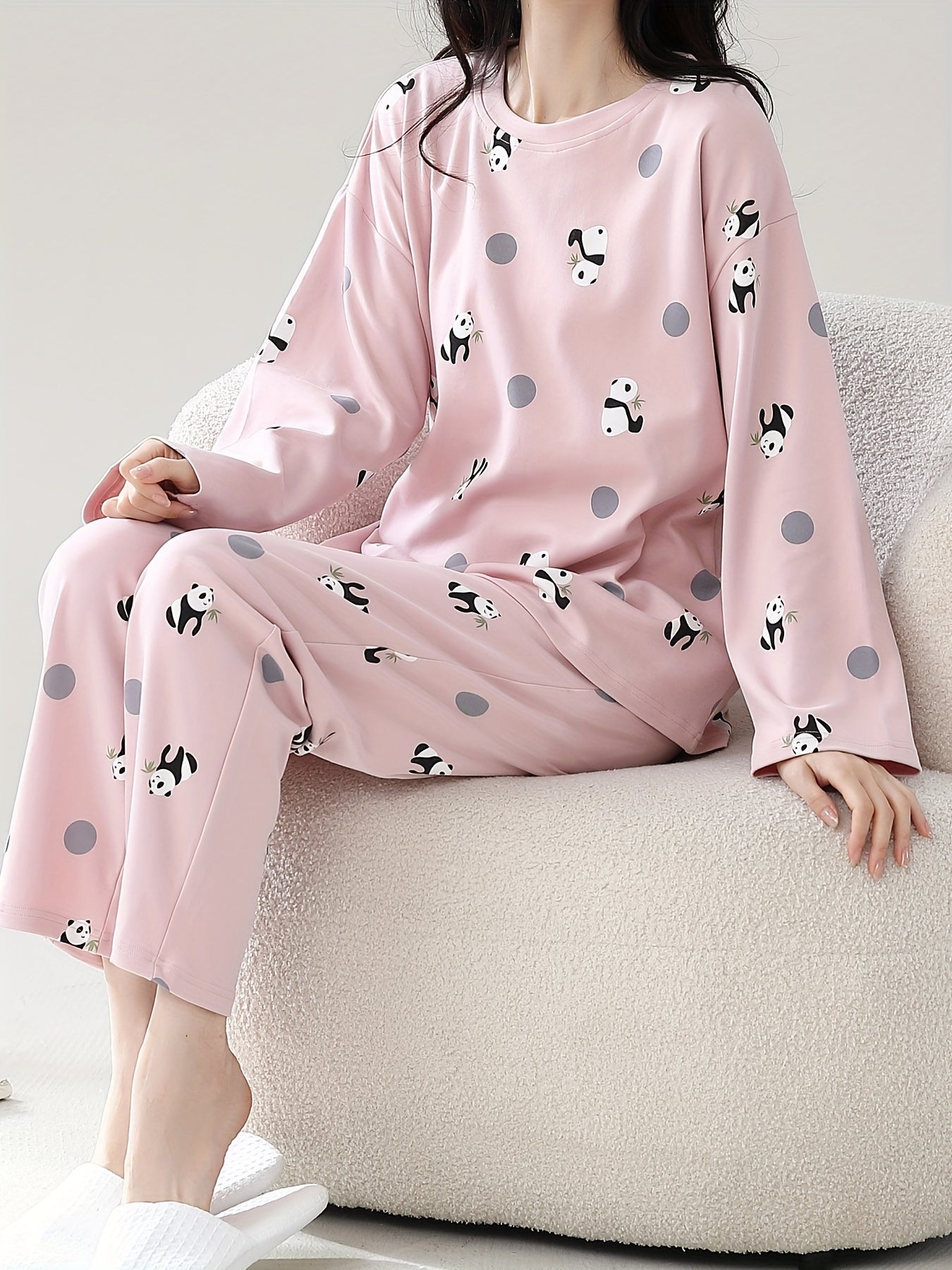 Panda Print Pajama Set Long Sleeve Top & Lounge Pants Women's Sleepwear
