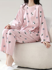 Panda Print Pajama Set Long Sleeve Top & Lounge Pants Women's Sleepwear