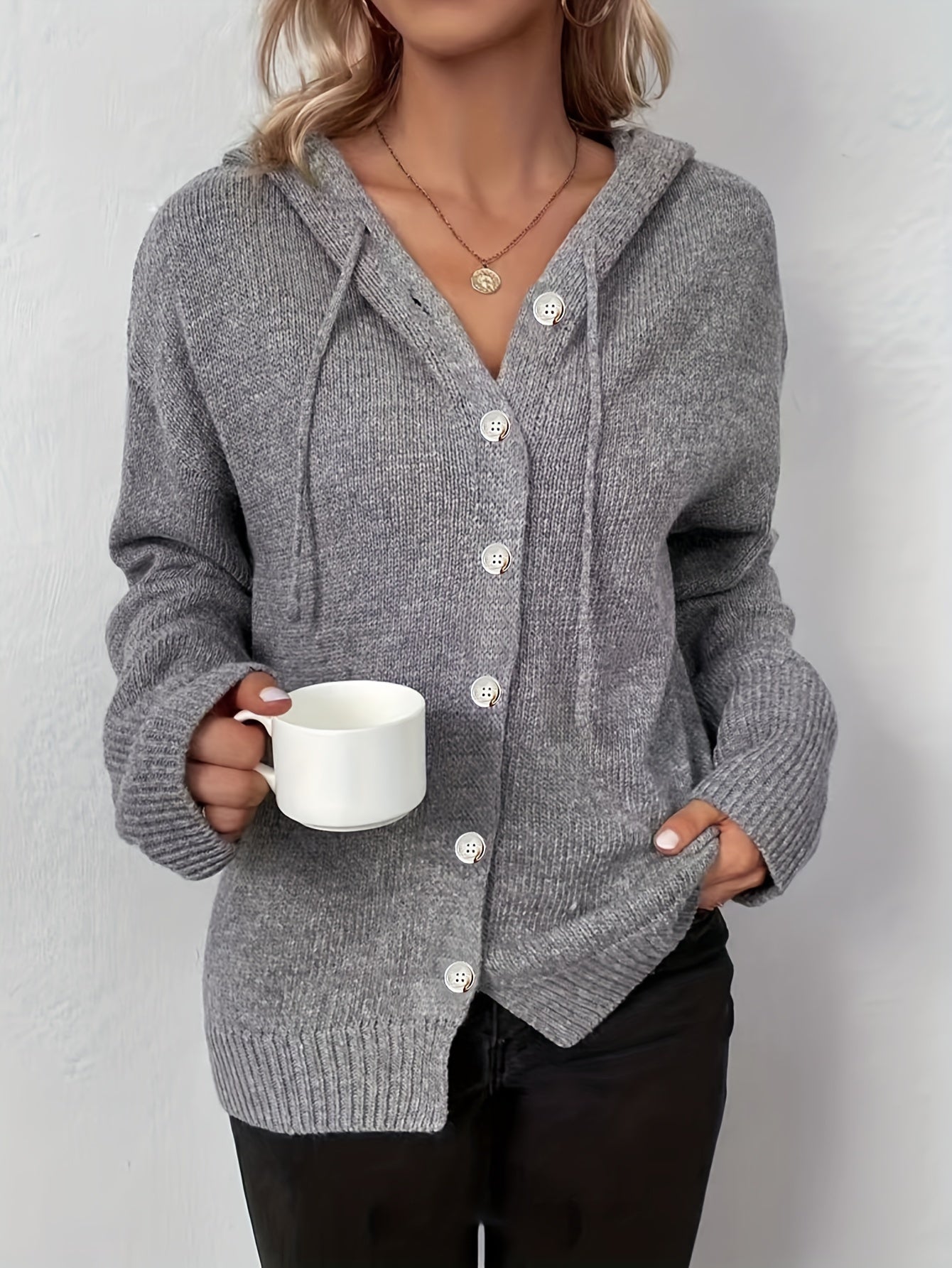 Solid Button Up Hoodie Drawstring Long Sleeve Jumper