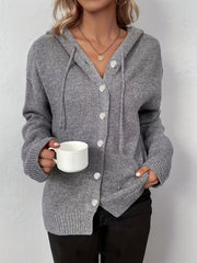 Solid Button Up Hoodie Drawstring Long Sleeve Jumper