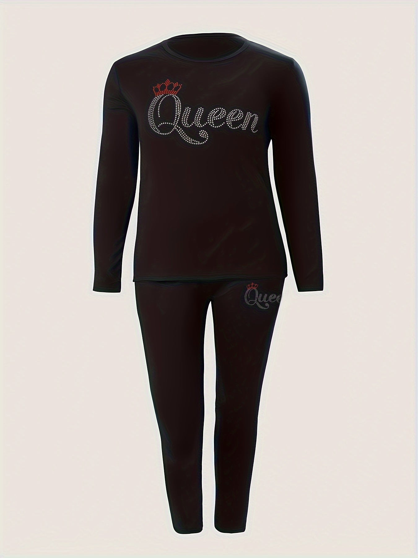 Women's Plus Glitter Letter & Crown Print Top & Pants Set