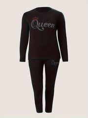 Women's Plus Glitter Letter & Crown Print Top & Pants Set