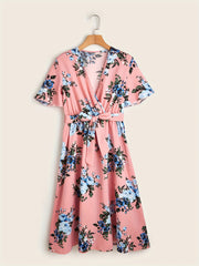 Floral Print Surplice Neck Dress Women's Clothing