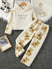 Kid's Flannel Pajamas Set Hooded Top & Pants Embroidered Bear Print Loungewear