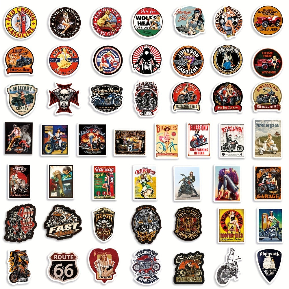 50pcs Retro Motorcycle Girl Series Waterproof Sticker for Laptop Desktop Cup