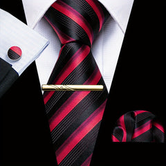 Barry Wang Red&Black Woven Silk Floral Paisley Tie Set