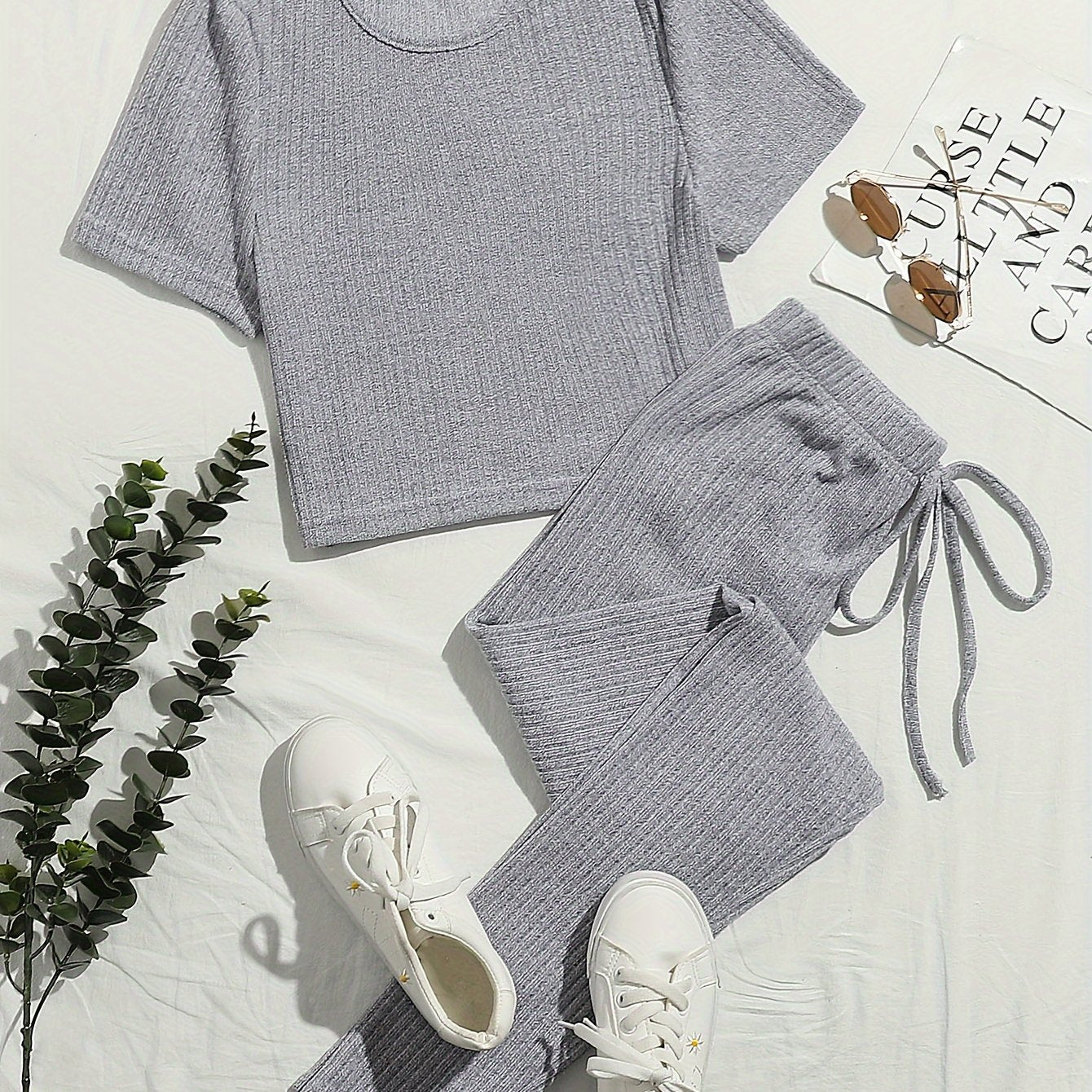 Short Sleeve Crew Neck Top & Elastic Waistband Pants Set
