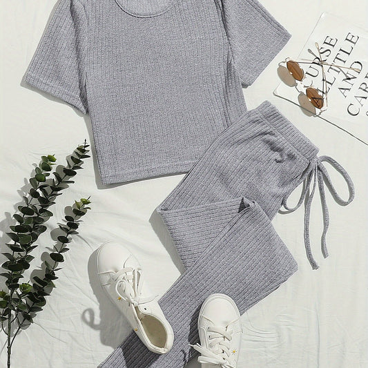 Short Sleeve Crew Neck Top & Elastic Waistband Pants Set
