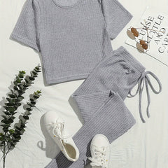 Short Sleeve Crew Neck Top & Elastic Waistband Pants Set