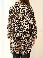 Leopard Print Lantern Sleeve Collar Tunic Top