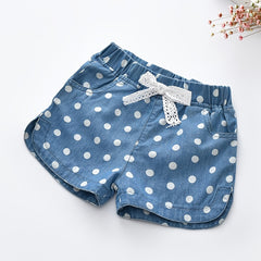 Girls Polka Dot Print Shorts with Lace Bow - Summer