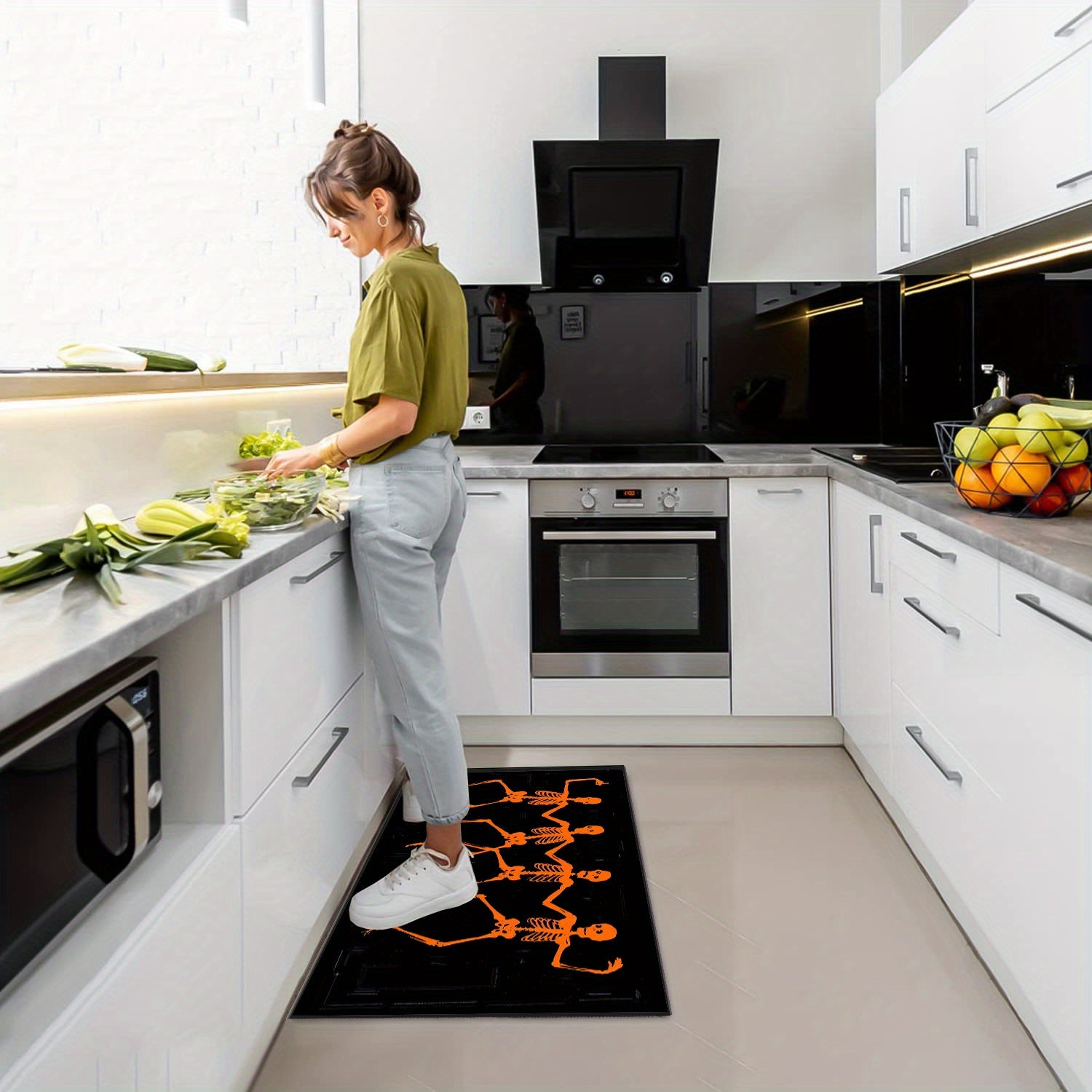 2pcs Halloween Skull Kitchen Mat Non Skid Washable Carpet