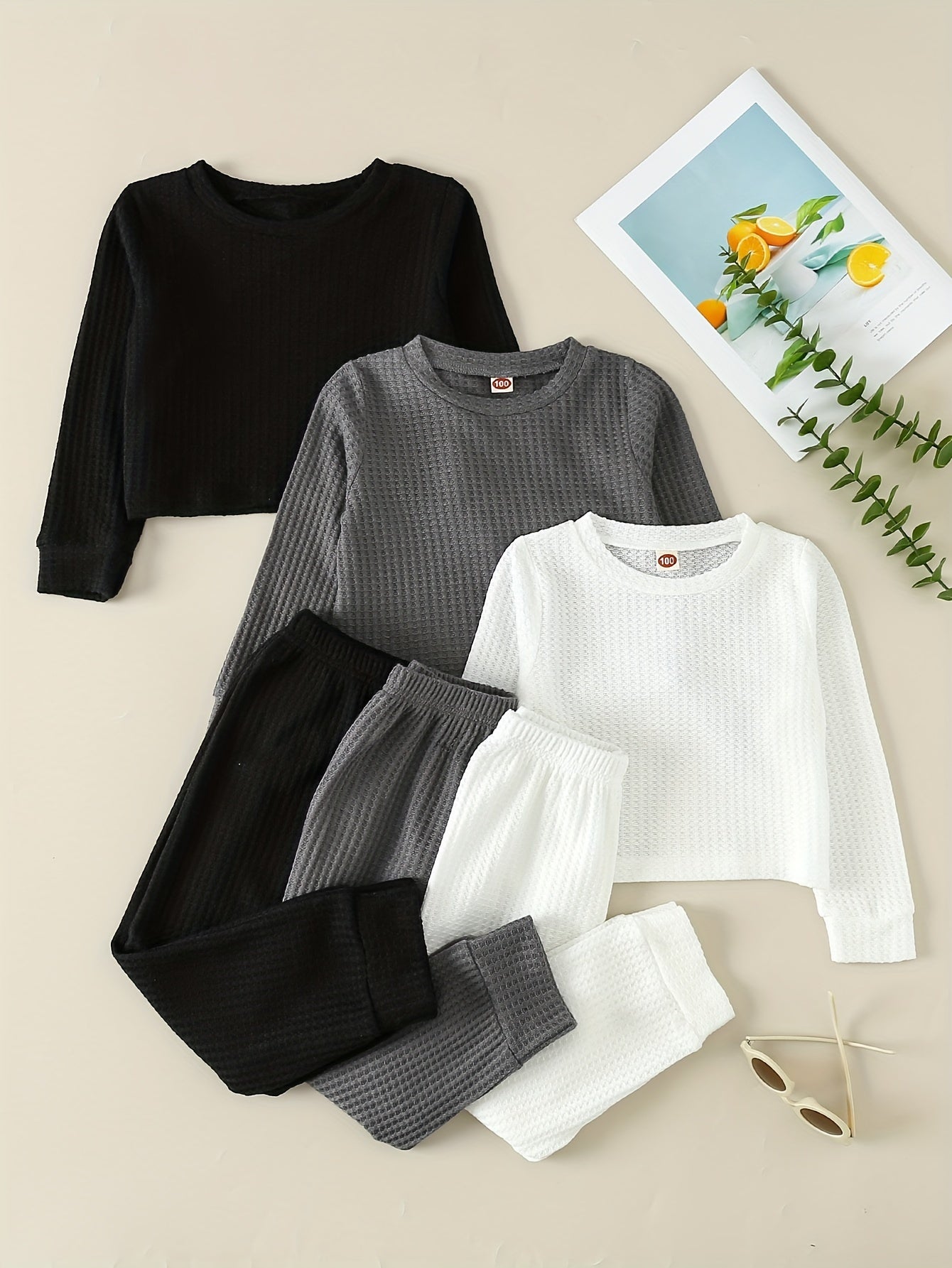 Girl's Waffle Sweatshirt & Sweatpants Set, Casual Outfit for Spring Fall