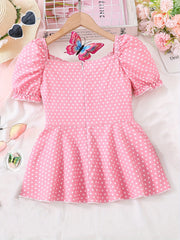 Girls Polka Dot Puffed Blouse Top