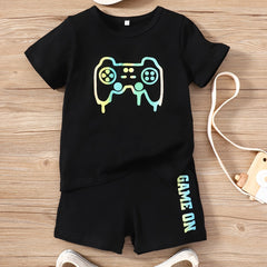 Boys Gamepad Print Short Sleeve Tees & Shorts Set Summer Clothes