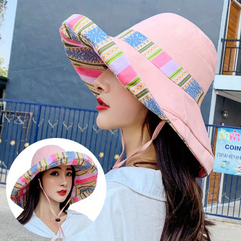 Vintage Boho Reversible Sun Hat Wide Brim UV Protection Summer Bucket Hat
