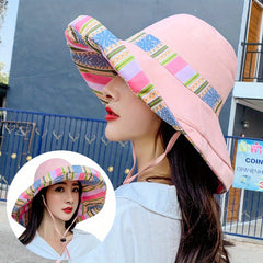 Vintage Boho Reversible Sun Hat Wide Brim UV Protection Summer Bucket Hat
