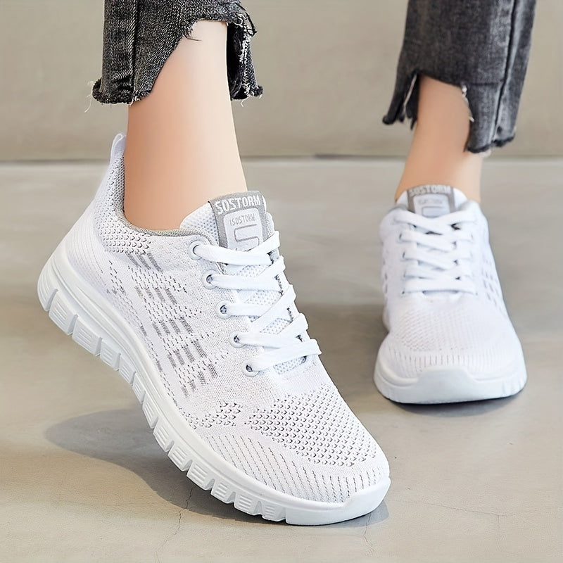 Women's Mesh Panel Sneakers Low Lace Up Round Toe Casual Running Shoes