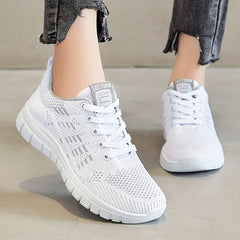 Women's Mesh Panel Sneakers Low Lace Up Round Toe Casual Running Shoes